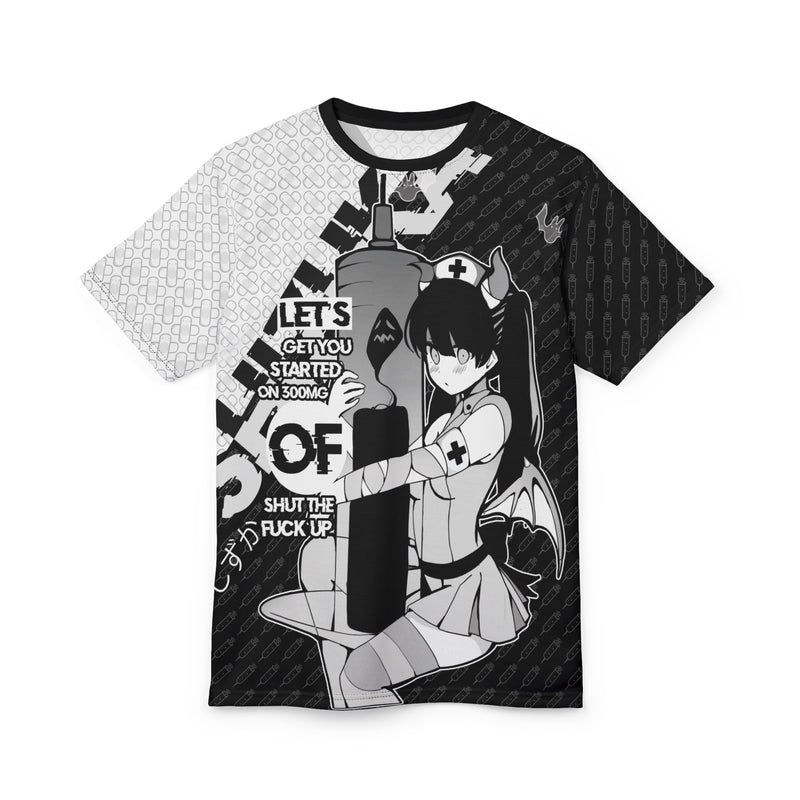 Shizuka B&W V2 Kawaii Anime Nurse - Creepy Cute - Unisex AOP Cut & Sew T-shirt