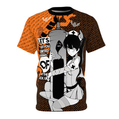 Shizuka B&W Kawaii Creepy Anime Nurse - Halloween Edition Unisex AOP Cut & Sew T-shirt