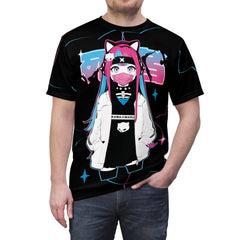 Meena - Creepy cute skeletal kawaii anime girl Unisex AOP Cut & Sew T-shirt - kawaiiwaru