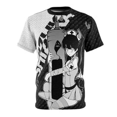 Shizuka B&W V2 Kawaii Anime Nurse - Creepy Cute - Unisex AOP Cut & Sew T-shirt - kawaiiwaru