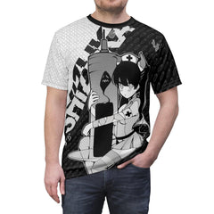 Shizuka B&W V2 Kawaii Anime Nurse - Creepy Cute - Unisex AOP Cut & Sew T-shirt - kawaiiwaru